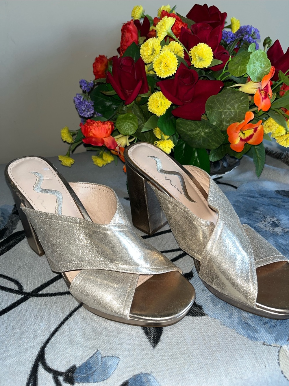 Nina Metallic Silver Crisscross Block Heel Mules